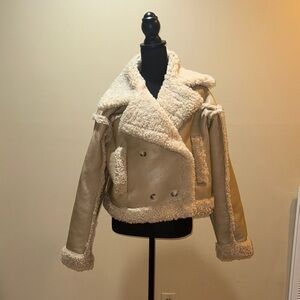 ASTR Cream Teddy Leather Jacket with Shearling Trim